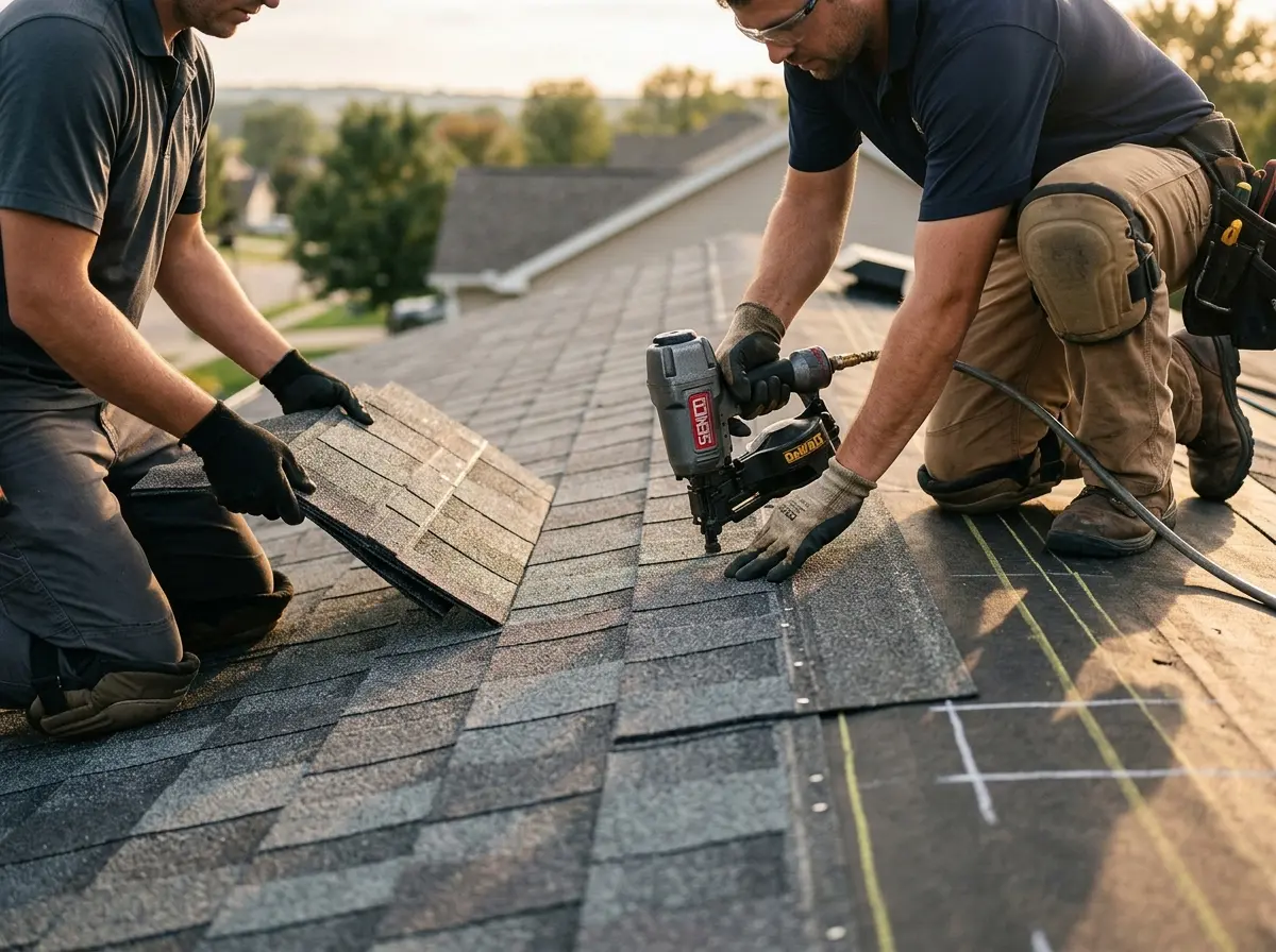 Professional roofer working on a residential roof in New Burlington